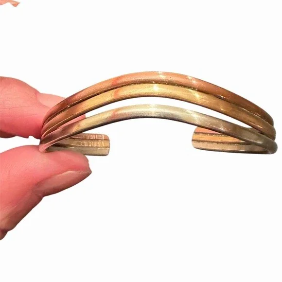 Sergio Lub Signed Vintage Cuff Bracelet Tri-Metal Copper, Brass & German Silver